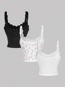 SHEIN MOD 女士撞色蕾丝蝴蝶结装饰时尚吊带背心3件装，甜美可爱，适合冬季、圣诞节、新年、感恩节等场合。 - 彩色 - 查看 2