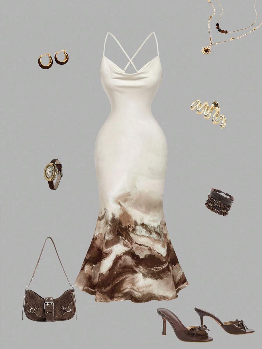 SHEIN MOD Women's Sexy Swing Collar Tie Dye Tie-Dye Bodycon Fishtail Skirt, Fall/Winter ,Casual,Western,Boho,Beach,Vacation,Elegant Outfit For Ladies,Retro,Frenchy Vacay Dress,Terrace Chill,Glamour Dress,Tea Chat Elegance Dress,Chic Autumn,Fall New Style Women