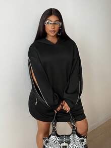 Maweii فستان بلوفر قصير فضفاض بسحاب وكابوشون بأكمام طويلة ذو لون أحادي، مناسب للخروجات والتنقلات اليومية للمرأة ذات المقاسات الكبيرة