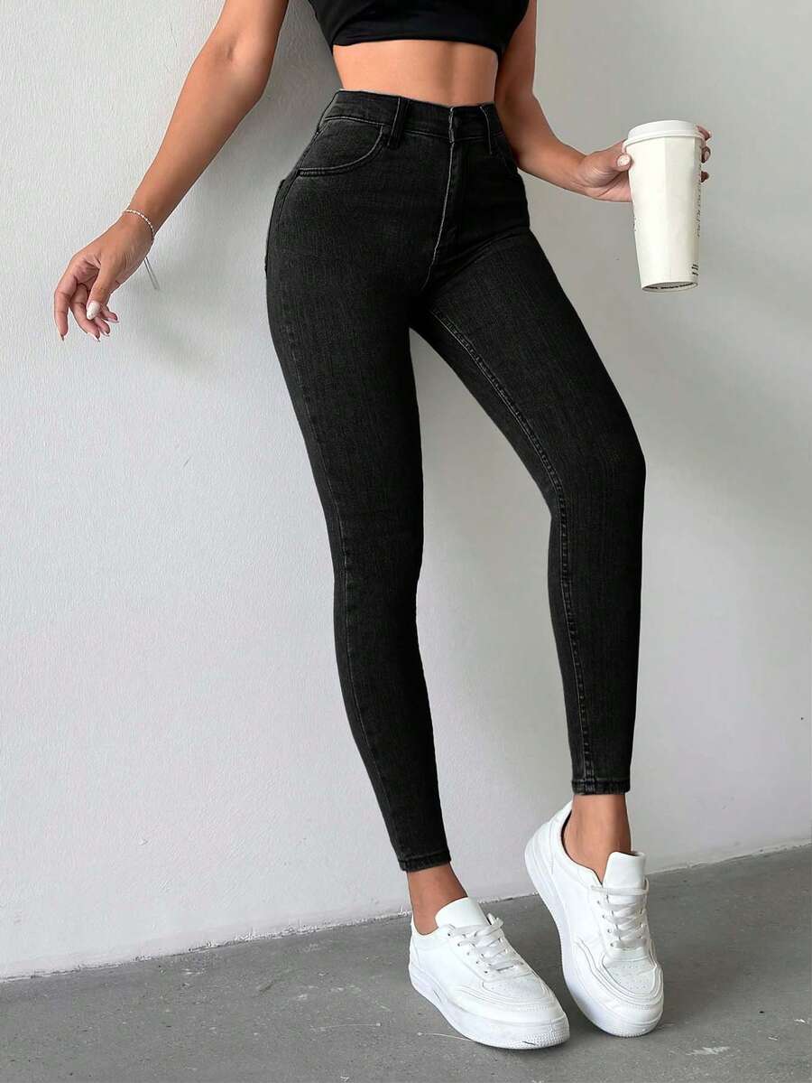 SHEIN Tall Quần jean cạp cao ôm sát, chất liệu co giãn, kiểu dáng thường ngày, cài nút và khóa kéo phía trước, màu đen. - màu đen - Xem 1