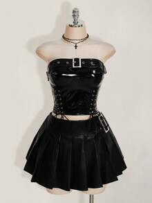 SHEIN ICON Y2k 女式加大码乡村音乐会嬉皮士黑色哥特 PU 鸡眼系带短款紧身胸衣上衣，时尚 - 黑色 - 查看 7