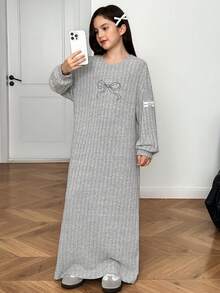 SHEIN Tween Girl Casual Loose Round Neck Bow Embroidered Knit Long Sleeve Dress, Relaxed Fit, Heather Gray, Autumn/Winter - Light Grey - View 3