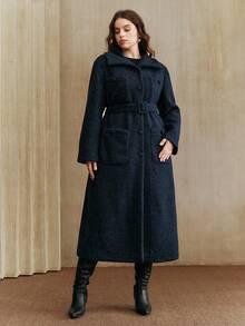 Anewsta Abrigo de lana elegante de talla grande para mujer con cuello largo, cintura ceñida y bolsillos grandes, para otoño/invierno