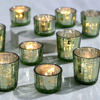 10Pcs Votive Candle Holders, Shiny Mercury Glass Votive Holders Bulk Pack-Fits Standard Tealights, Stable Base Prevents Tipping. Ideal For Wedding Centerpieces, Party Table Decor, Halloween Displays, Christmas Home Decor. Adds Elegant Glow To Adult Gatherings, Enhances Festive Atmosphere, A Practical Stylish Pick For Holiday/Event Decor.