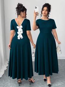 Elenzga Váy đi làm thời trang mùa hè phong cách Pháp cổ điển thanh lịch, trang trí nơ sau lưng cỡ lớn - Màu xanh ngọc - Xem 1