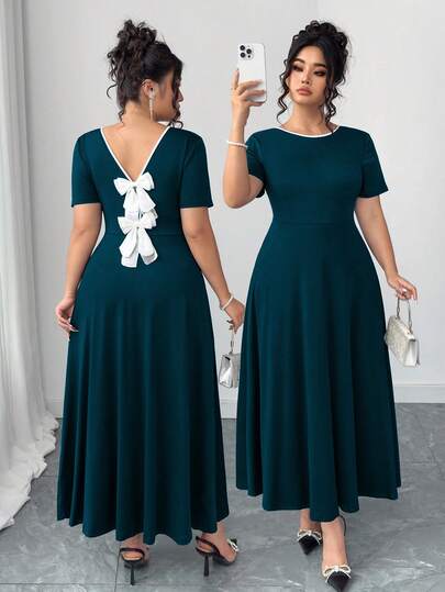 Elenzga Vestido de viaje elegante con lazo en la espalda, estilo retro francés de moda para tallas grandes