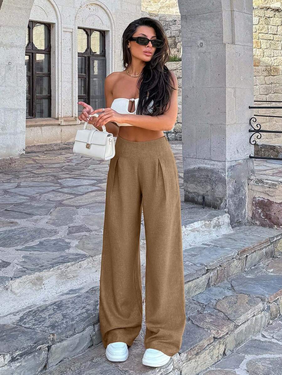 RueChic Women Linen Beige Wide Leg Pants - Beige - View 1