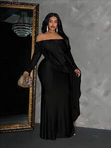 Maweii 大码纯色露肩长袖修身中长连衣裙 - 黑色 - 查看 4