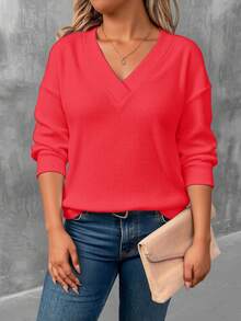 EMERY ROSE 女式大码纯色印花长袖V领T恤 - 彩色 - 查看 1