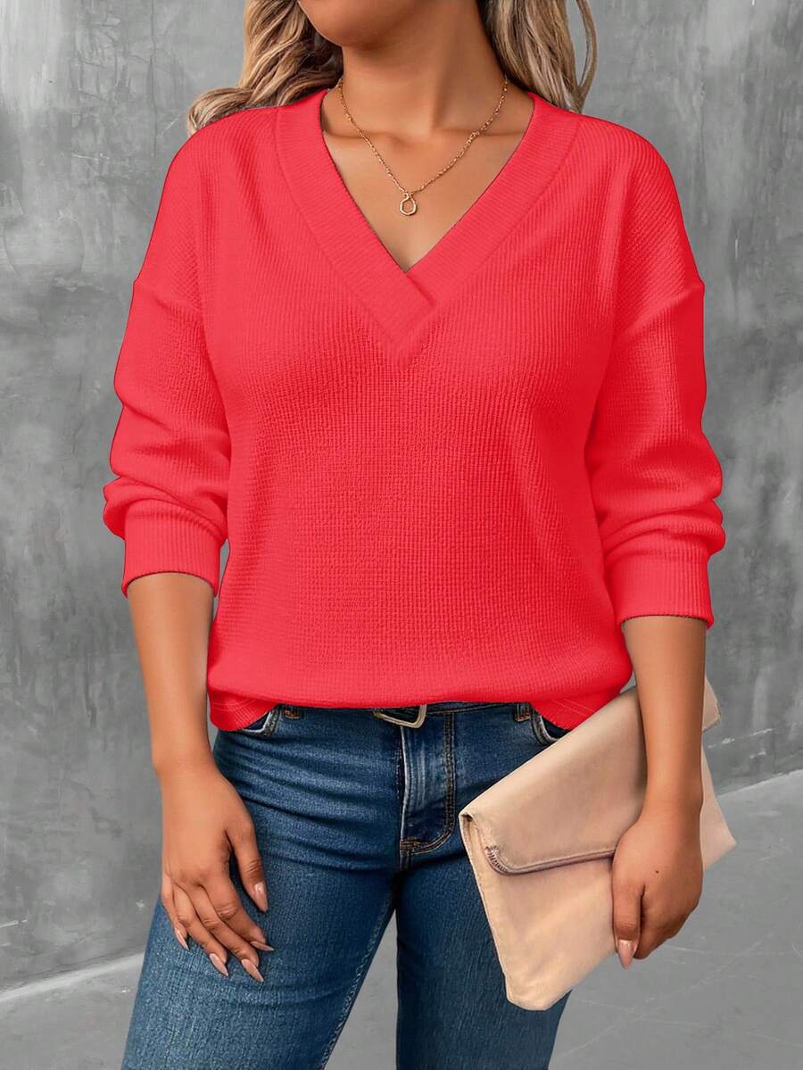 EMERY ROSE 女式大码纯色印花长袖V领T恤 - 彩色 - 查看 1