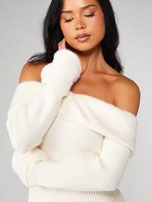 MISSGUIDED Váy len trễ vai có cổ gập, váy ngắn dệt kim gân, tay dài, ôm sát, ấm áp cho mùa đông thu - Màu be - Xem 4