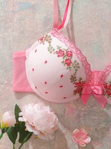 Pink Underwire Padded Bra With High Support, Lift & Gather, Embroidered Floral Pattern, Romantic Countryside Style Women's Lingerie