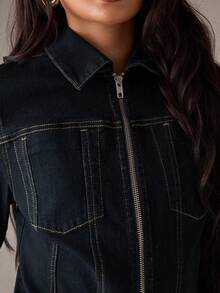 SHEIN BAE Autumn Winter Party: Stylish And Sexy Dark Blue Denim Stand Collar Zipper Slim Fit Coat, Casual Denim Coat, Suitable For Casual Commute, Winter Coat, Going Out, Winter For Women, Christmas For Women, New Year Women's - Dark Wash - View 6