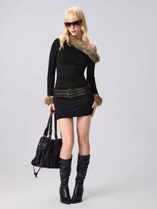 ROMWE Grunge Punk Đầm ôm sát cổ lông chéo vai thời trang nữ - màu đen - Xem 1