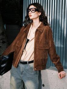 Airlisse Veste courte élégante pour femmes, col à revers, manches longues, avec poches décoratives. Doublure thermique épaisse, fermeture éclair, coupe slim - Marron - Voir 5