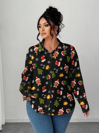 Elenzga Plus Size Christmas Print All-Match Versatile Shirt