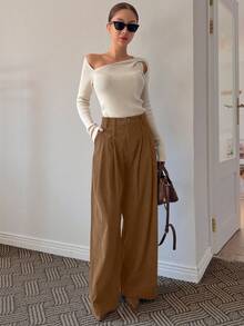 DAZY Women's Solid Color Pleated Pocket Wide Leg Loose Casual Pants - Coffee Brown - View 5