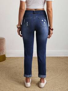 EMERY ROSE Jeans casuales de talla grande para mujer con bolsillos bordados con flores - Azul lavado oscuro - Ver 2