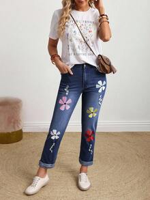 EMERY ROSE Jeans casuales de talla grande para mujer con bolsillos bordados con flores - Azul lavado oscuro - Ver 6