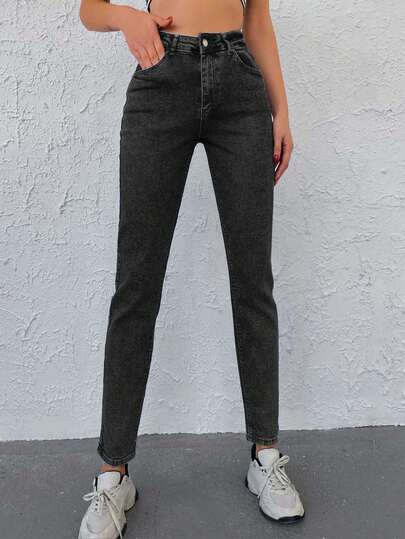 SHEIN Tall 98%Cotton TALL Solid Slant Pocket Mom Fit Jeans Jeans Women High Waist Black Jeans Women Gray Jeans