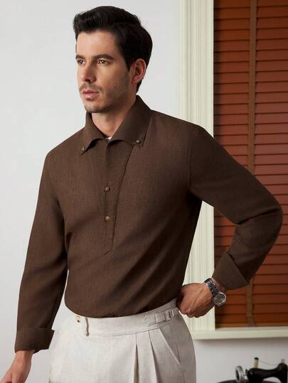 Core Aspect Men's Solid Color Linen Regular Style Button Coffee-Colored Shirt, Urban Commuting One-Collar Top, Slim Button Collar Versatile Shirt For Men In Autumn And Winter,Old Money Style,Vintage Gentleman, Men's Solid Color Linen Casual Business Half-Placket Long Sleeve Shirt,Men Shirts  Winter,