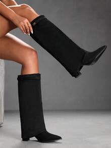 CUCCOO SZL Women's Pointed Toe Chunky Heel Suede Western Boots With Fringe, Slim Fit Tall Boots For Christmas - Black - View 2