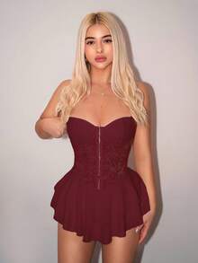 Sweetina Strapless Metal Button Waist Flared Dress - Red - View 5