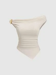 Sweetra Women's Summer European And American Fashion Solid Color 3 Pieces Set, Metal Decor Twist Hem Asymmetric Hem Fitted Casual Commuter Versatile T-Shirt