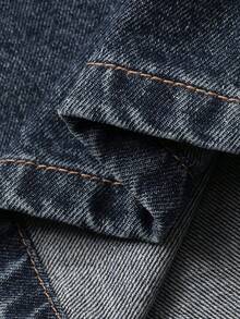 DAZY 女士牛仔翻领收腰开衫搭配直筒裤，休闲优雅牛仔套装，Y2K风格 - 深色水洗藍 - 查看 7