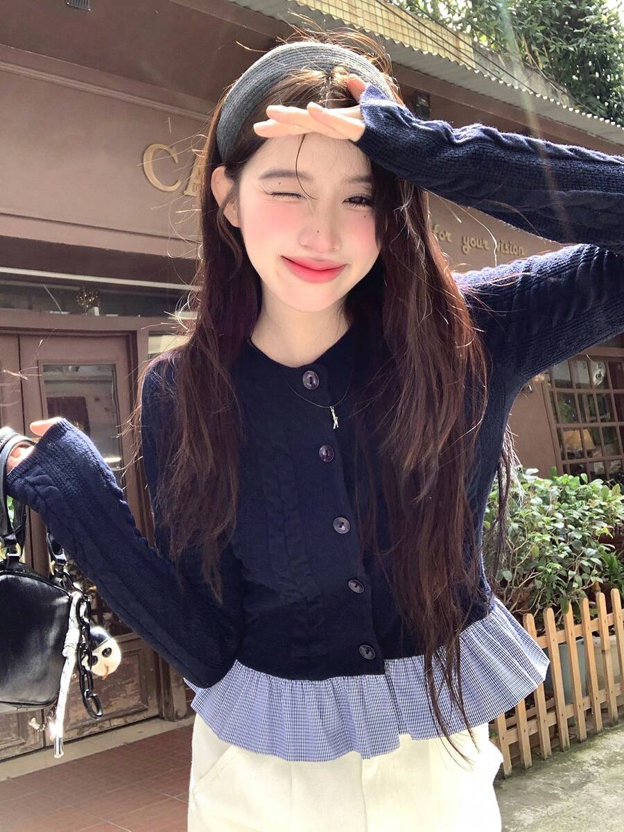 DAZY Women's Contrast Color Patchwork Casual Cardigan - Navy Blue - View 1