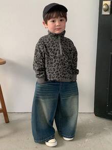 DAZY 幼儿男童韩版豹纹翻领宽松长袖上衣 - 灰色 - 查看 5