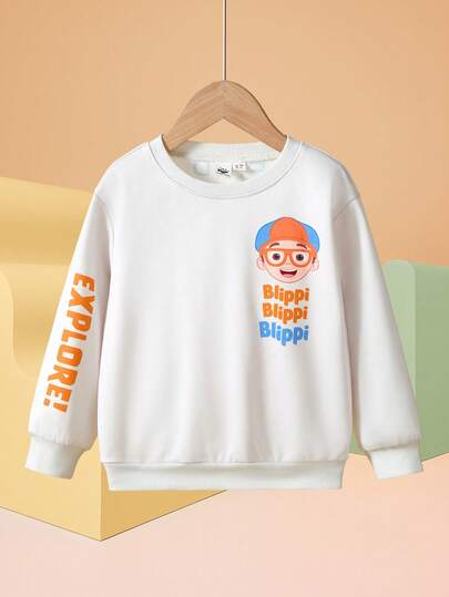 Blippi X SHEIN Young Boy Cartoon Graphic Oversized Round Neck Drop Shoulder Long Sleeve Knit Loose Casual Sweatshirt