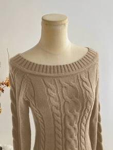 SHEIN LUNE Áo len chui đầu dài tay trễ vai dệt kim màu nâu tối giản sang trọng dành cho nữ, Thu/Đông - Lạc đà - Xem 5