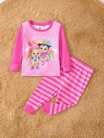 CoComelon X SHEIN 2pcs Baby Girl Cute Cartoon Rainbow Print Crew Neck Long Sleeve Top And Striped Pants Casual Sleepwear Set