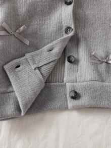 SHEIN Playful Pals 2pcs/Set Young Girls Fashion Gray Soft Ribbed Crew Neck Bowknot Long Sleeve Cardigan Top And Black Flared Pants Casual Outfit, Suitable For Daily Wear, Spring/Autumn - Grey - View 8