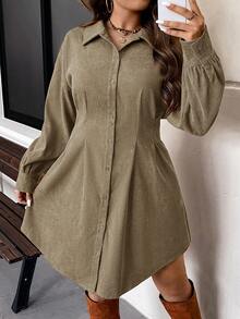 SHEIN VCAY Váy Cardigan bó eo cỡ lớn phong cách cổ điển thường ngày thu/đông - Màu Khaki - Xem 5