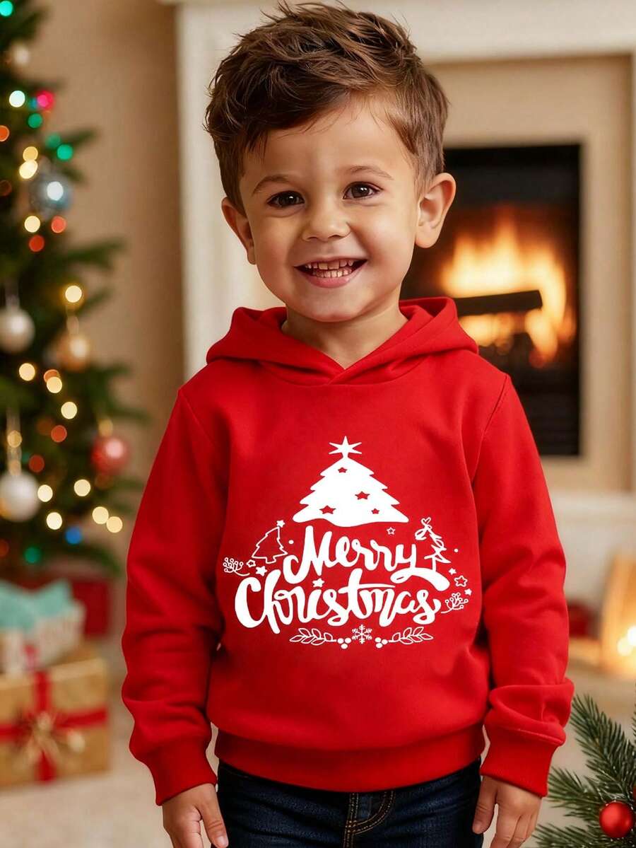 Moletom raglan casual com estampa de árvore de Natal e letras para menino, novidade para o Natal, outono/inverno. - Vermelho - Ver 1