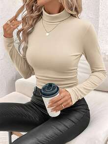 SHEIN Clasi Women's Stand Collar Gathered Waist Fleece Warm T-Shirt,Fall,Fall Clothes For Women - Camel - View 5