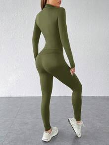 SHEIN PETITE 黑色两件套运动服拉链夹克和紧身裤 - 軍綠色 - 查看 2