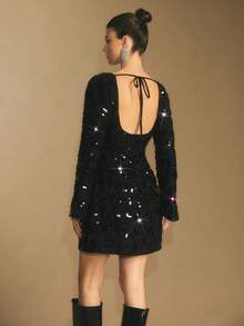 Poéselle Vestido elegante de moda de mini longitud con cuello de barco, manga larga y lentejuelas de unicolor para mujer