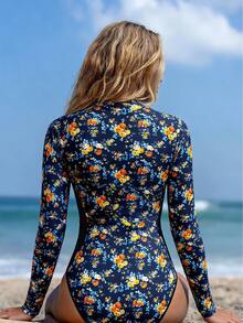 Swim SPRTY 1pc Women's Ditsy Floral Long Sleeve One-Piece Swimsuit, European And American Style For Summer Surfing And Beach