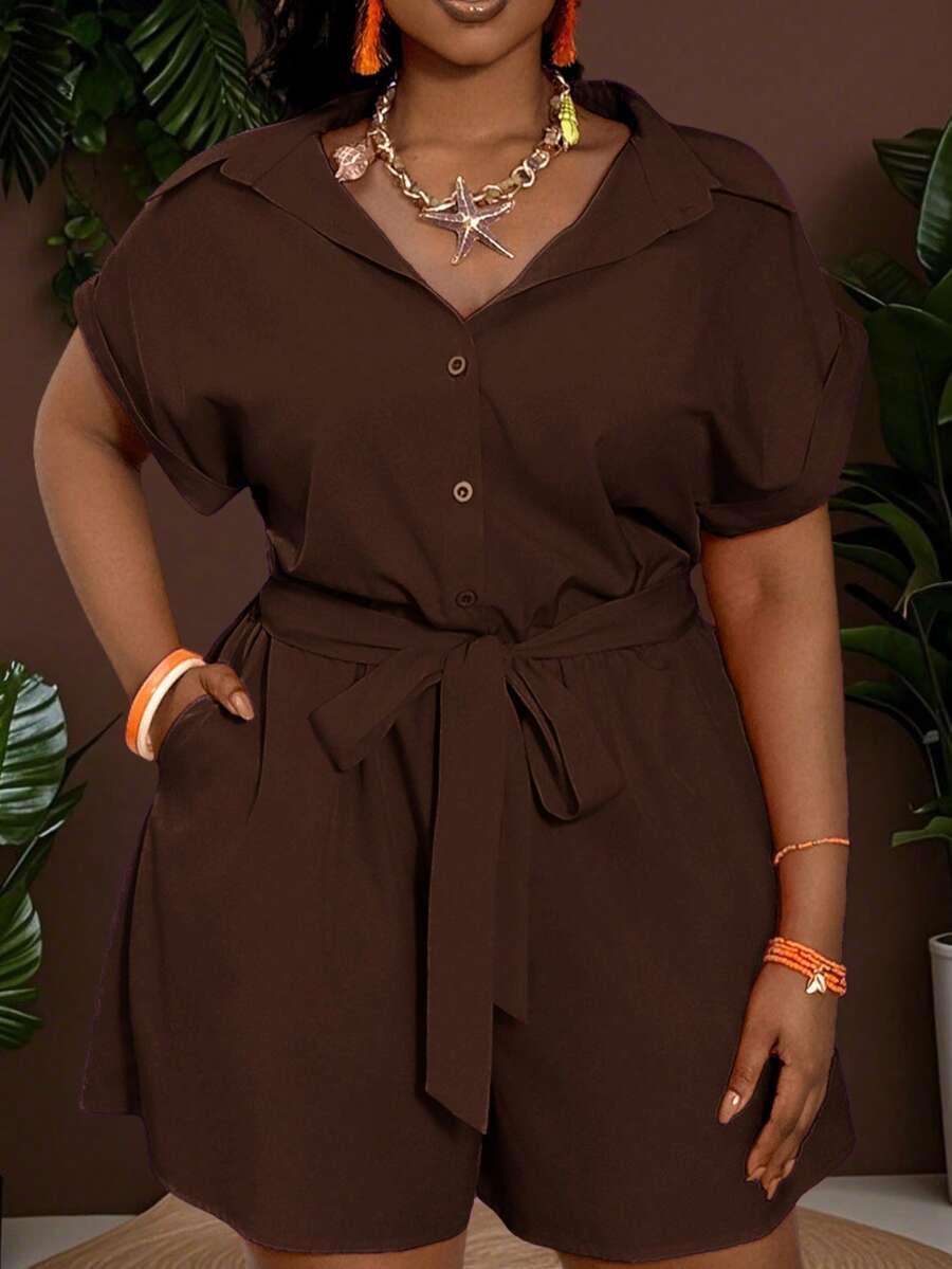 Slaydiva 2025 New Versatile Casual All-Match Beach Short Sleeve Jumpsuit/Rompers For Women, Summer, With Belt - A Brown Dress Plus Size Brown Romper Plus Size Short Sets Earthy Plus Size Brown Romper Women