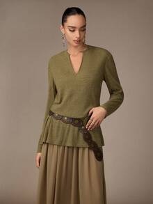 Modelyn Women's Knit Patchwork Chiffon 2 In 1 Vintage Long Dress, Casual Wear For Autumn