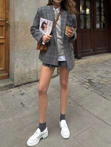 Silhoulove Women's Autumn/Winter New Fashionable Commuter Versatile Casual Minimalist High-Grade Herringbone Button Long Sleeve Wool Blend Blazer - Grey - View 5