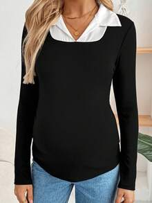 SHEIN Maternity Casual 2 In 1 Long Sleeve Top Nursing Top Pregnancy Clothing Pregnancy Shirts Pregnancy Breastfeeding Shirt Maternity Shirt - Black and White - View 5