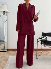 EURMUSE Women's Solid Loose Fit Double-Breasted Jacket & Suit Pants - Burgundy - View 3