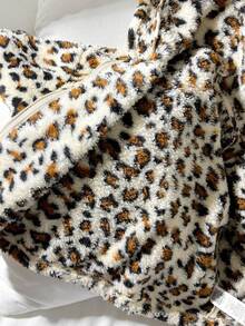 SHEIN Tween flickors casual vändbar leopardmönstrad termofodrad tjock teddytermojacka med söt 3D-örondesign, höst/vinter - Kaki - Visa 5