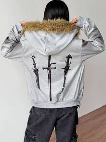 SHEIN PETITE American Retro Dark Grey Distressed Hooded Pullover Cardigan For Ladies,Long-Sleeved Fleece Thick-Patterned Printed Streetwear Everyday Autumn Y2K ,Petite Women - Grey - View 2
