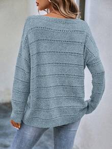 SHEIN LUNE 女式纯色船领落肩长袖镂空毛衣，秋冬 - 霧霾藍 - 查看 2