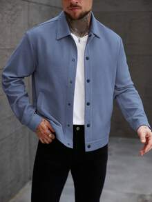 Manfinity CasualCool 男士纯色插肩袖前襟纽扣休闲百搭夹克，浅蓝色衬衫，男士浅蓝色夹克，男士夏季夹克，蓝色夹克，男士休闲夹克 - 藍色 - 查看 6
